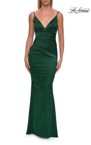 Picture of: Satin Fitted Gown with Gathered Bodice and Spaghetti Straps in Dark Emerald, Style: 33421, Detail Picture 28