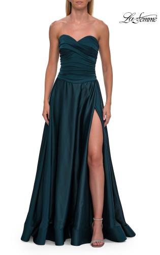Picture of: Strapless Satin A-Line Gown with Draped Bodice and High Slit in Dark Teal, Style: 33417, Detail Picture 18
