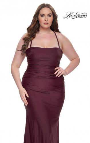 Picture of: Ruched Jersey Plus Dress with Lace Up Back in Dark Wine, Style: 32195, Detail Picture 7