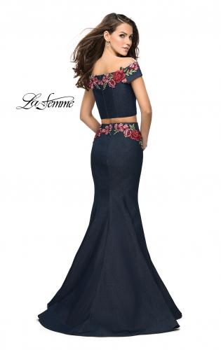 Picture of: Denim Off the Shoulder Floral Two Piece Prom Dress in Dark Wash, Style: 25924, Back Picture