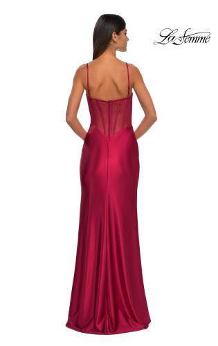 Picture of: Chic Stretch Satin Dress with Illusion Mesh Back in Deep Red, Style: 32640, Detail Picture 9