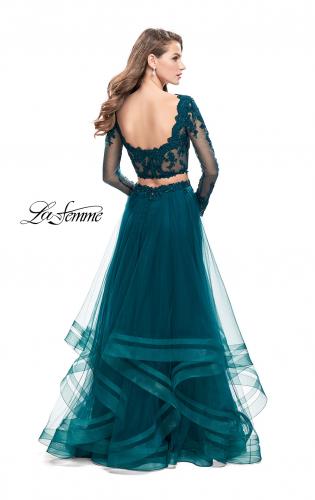 Picture of: Long Two Piece Prom Dress with Tulle Skirt and Lace Top in Deep Teal, Style: 25300, Back Picture