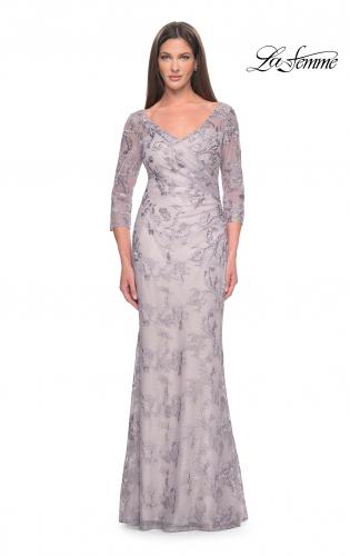 Picture of: Pastel Lace Mother of the Bride Gown with Three Quarter Sleeves in Dusty Lilac, Style: 31684, Detail Picture 1