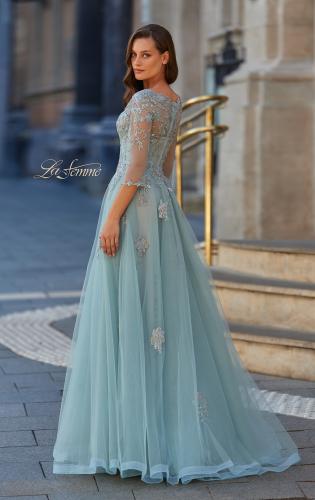 Picture of: Beaded Lace Tulle A-Line Gown with Sheer Sleeves in Dusty Sage, Style: 33536, Back Picture