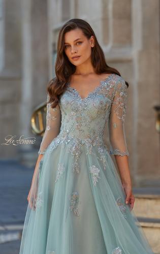 Picture of: Beaded Lace Tulle A-Line Gown with Sheer Sleeves in Dusty Sage, Style: 33536, Detail Picture 3