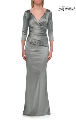 Picture of: V-Neck Satin Gown with Ruched Bodice and Three-Quarter Sleeves in Dusty Sage, Style: 33152, Detail Picture 8