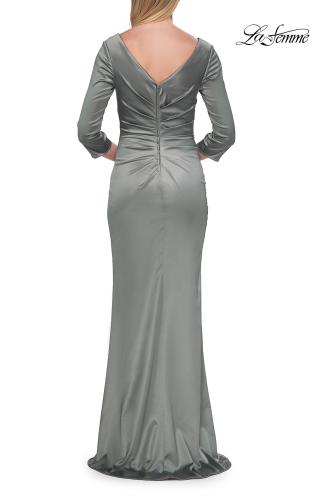 Picture of: V-Neck Satin Gown with Ruched Bodice and Three-Quarter Sleeves in Dusty Sage, Style: 33152, Detail Picture 9