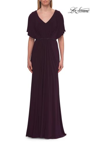 Picture of: Flutter Sleeve Jersey Gown with Beaded Waist in Eggplant, Style: 33158, Detail Picture 1