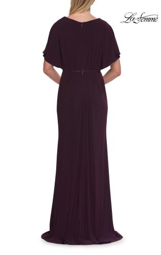 Picture of: Flutter Sleeve Jersey Gown with Beaded Waist in Eggplant, Style: 33158, Detail Picture 2