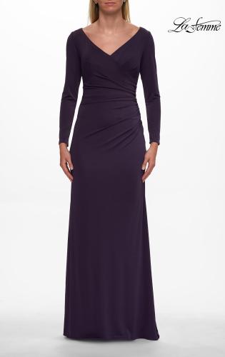Picture of: Simple Jersey Evening Dress with Long Sleeves and Ruching in Eggplant, Style: 29184, Detail Picture 3