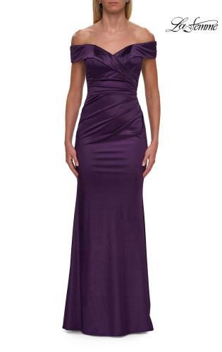 Picture of: Off the Shoulder Stretch Satin Evening Dress in Eggplant, Style: 31621, Detail Picture 3