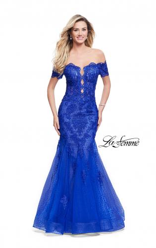 Picture of: Polka Dot Off the Shoulder Two Piece Tulle Prom Dress in Electric Blue, Style: 26192, Detail Picture 1