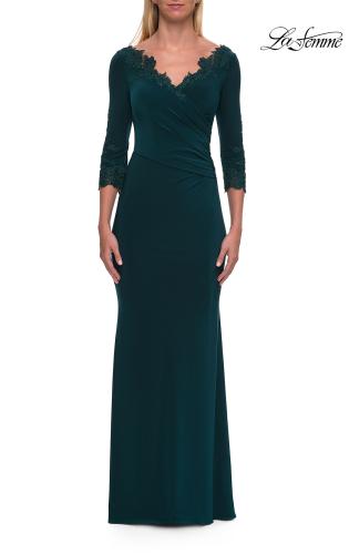 Picture of: V-Neck Lace Trim Gown with Three-Quarter Sleeves in Emerald, Style: 33658, Main Picture