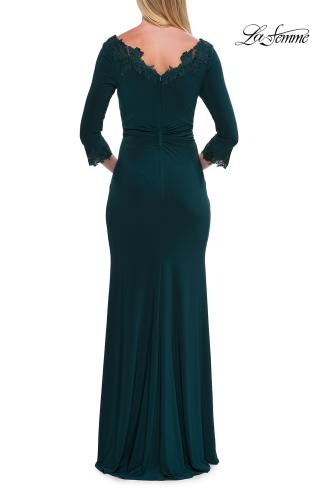 Picture of: V-Neck Lace Trim Gown with Three-Quarter Sleeves in Emerald, Style: 33658, Back Picture