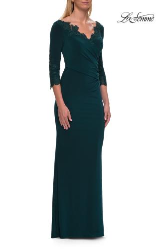Picture of: V-Neck Lace Trim Gown with Three-Quarter Sleeves in Emerald, Style: 33658, Detail Picture 1