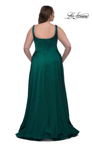 Picture of: A-line Satin Plus Prom Dress with Rhinestone Neckline in Emerald , Style: 33026, Back Picture