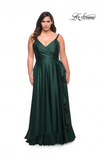 Picture of: Ruffle Slit Satin Long Plus Size Dress with V Neck in Emerald, Style: 29740, Detail Picture 3