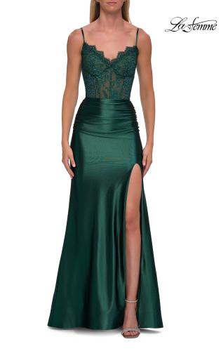 Picture of: Lace and Satin Fitted Gown with High Slit and Spaghetti Straps in Emerald, Style: 33325, Detail Picture 9