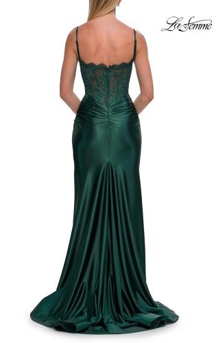 Picture of: Lace and Satin Fitted Gown with High Slit and Spaghetti Straps in Emerald, Style: 33325, Detail Picture 10