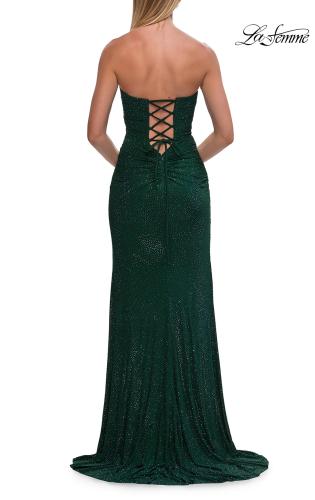Picture of: Strapless Fitted Rhinestone Gown with Slit and Lace-Up Back in Emerald, Style: 33383, Detail Picture 10