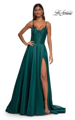 Picture of: Mikado A-line Gown with Lace Detail Neckline in Emerald, Style: 32878, Detail Picture 11