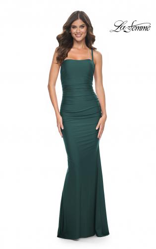 Picture of: Simple Ruched Jersey Dress with Lace Up Back in Emerald, Style: 31919, Detail Picture 1