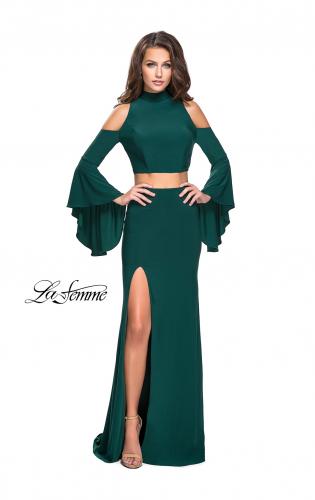 Picture of: Long Two Piece Dress with Cold Shoulders and Bell Sleeves in Forest Green, Style: 25353, Detail Picture 2