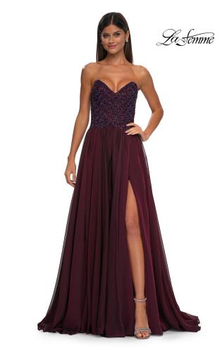 Picture of: Chiffon Gown with High Slit and Strapless Lace Top in Garnet, Style: 32804, Detail Picture 8