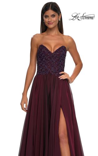 Picture of: Chiffon Gown with High Slit and Strapless Lace Top in Garnet, Style: 32804, Detail Picture 11