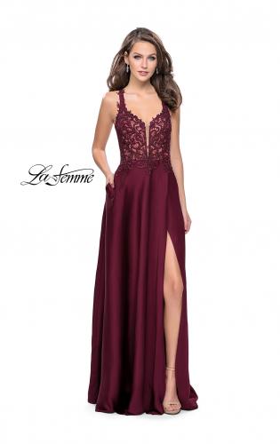 Picture of: Beaded and Embroidered Lace Prom Dress with Slit in Garnet, Style: 26124, Detail Picture 1