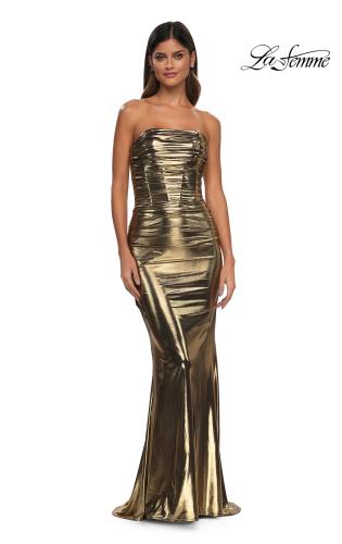 Picture of: Fabulous Metallic Jersey Ruched Strapless Dress in Gold, Style: 32518, Detail Picture 3