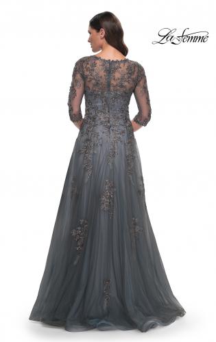 Picture of: Beautiful A-Line Tulle and Lace Dress with Sheer Sleeves in Gray, Style: 30201, Back Picture
