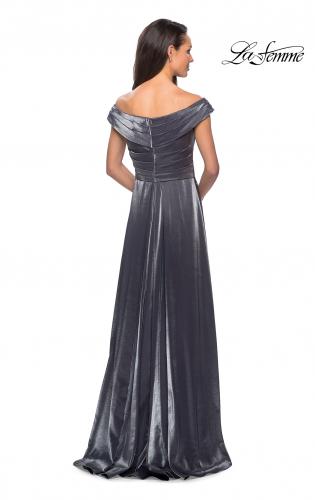Picture of: Off the Shoulder Satin Gown with Ruching in Gunmetal, Style: 27846, Back Picture