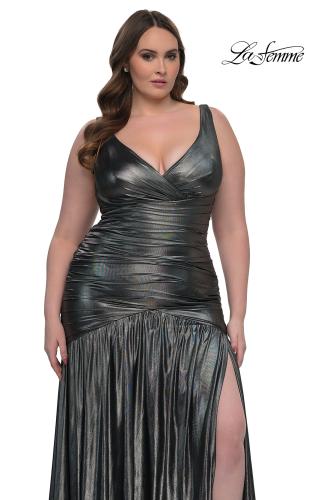 Picture of: Gorgeous Metallic Curve Dress with V Neck and Ruching in Gunmetal , Style: 33021, Detail Picture 8