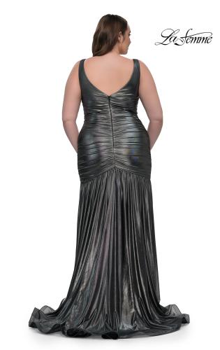 Picture of: Gorgeous Metallic Curve Dress with V Neck and Ruching in Gunmetal , Style: 33021, Detail Picture 3