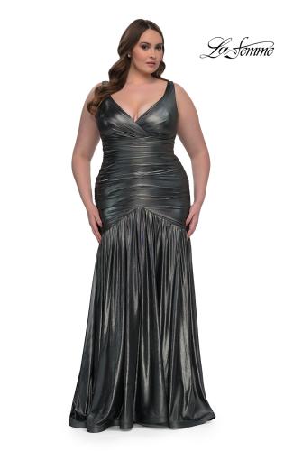 Picture of: Gorgeous Metallic Curve Dress with V Neck and Ruching in Gunmetal , Style: 33021, Detail Picture 4