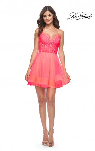 Picture of: Short Dress with Flared Skirt and Sheer Lace Bodice in Hot Coral in Hot Coral, Style: 31469, Detail Picture 1