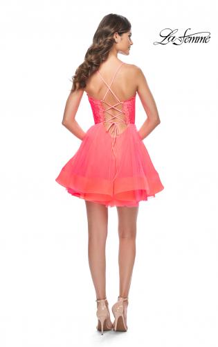 Picture of: Short Dress with Flared Skirt and Sheer Lace Bodice in Hot Coral in Hot Coral, Style: 31469, Detail Picture 2