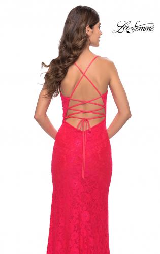 Picture of: Lace Long Dress with Scallop Detail on Skirt Slit in Hot Coral, Style: 31510, Detail Picture 6
