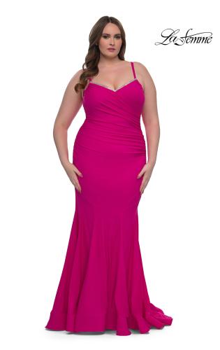 Picture of: Chic Plus Size Dress with Ruching and Rhinestone Neckline Detail in Hot Fuchsia, Style: 33057, Detail Picture 14
