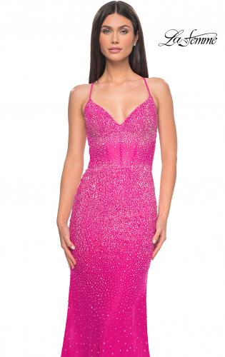Picture of: Stunning Rhinestone Embellished Fitted Tulle Dress in Hot Fuchsia, Style: 32007, Detail Picture 2