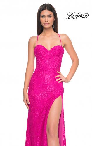 Picture of: Stretch Lace Dress with Bustier Top and Illusion Back in Hot Fuchsia, Style: 32248, Detail Picture 2