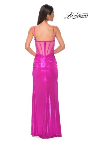 Picture of: Metallic Jersey Fitted Dress with Corset Top and Sheer Back in Hot Pink, Style 32526, Back Picture