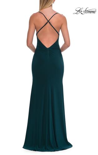 Picture of: Cowl Neck Jersey Gown with Open Back and High Slit in Hunter Green, Style: 33299, Detail Picture 14