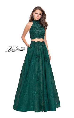 Picture of: Long Lace A-line Two Piece Prom Dress with Cut Outs in Hunter Green, Style: 26103, Detail Picture 1
