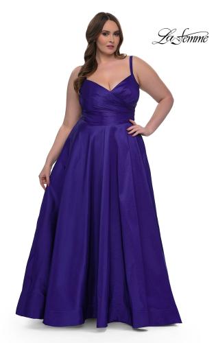 Picture of: Simple A-line Mikado Plus Dress with Slit in Indigo , Style: 33075, Detail Picture 1