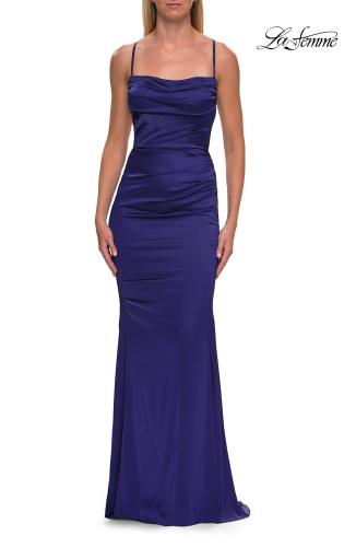 Picture of: Straight Neck Satin Gown with Lace-Up Back in Indigo, Style: 33604, Detail Picture 15