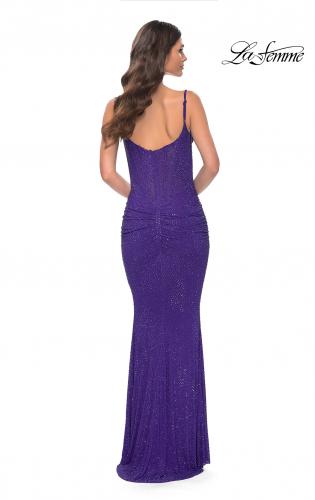 Picture of: Rhinestone Encrusted Net Jersey Gown with Ruching Detail in Blue, Style: 31932, Detail Picture 2