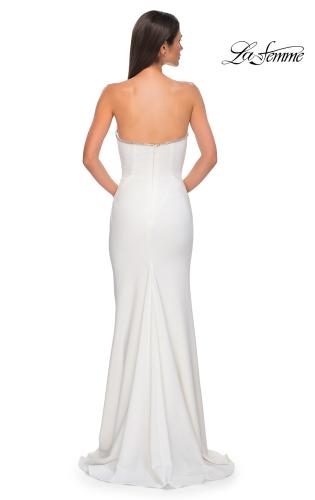 Picture of: Fabulous Jersey Dress with Rhinestones Lining the Top and HIgh Slit in Ivory , Style 32854, Detail Picture 8