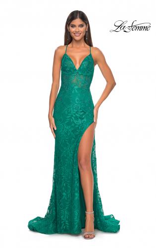 Picture of: Rhinestone Lace Embellished Prom Dress with High Side Slit in Bright Colors in Jade, Style: 32308, Detail Picture 1